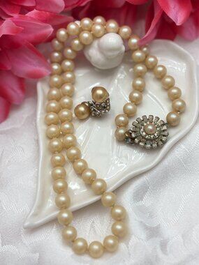 CORO PEARL CLIP EARRINGS & JAPAN MARKED PEARL RHINESTONE NECKLACE
